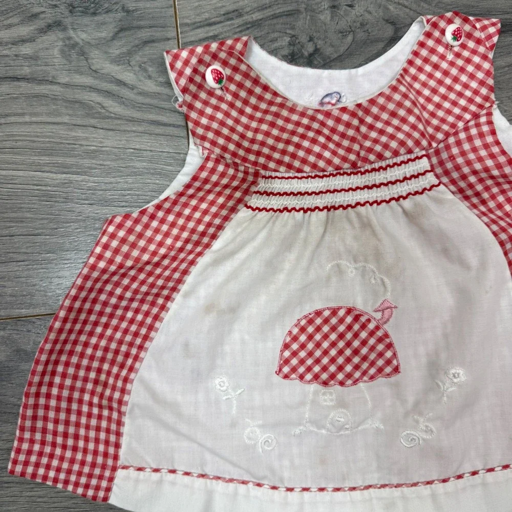 Vintage Red Gingham Mushroom House Baby Dress 3-6M Sleeveless Strawberry Button